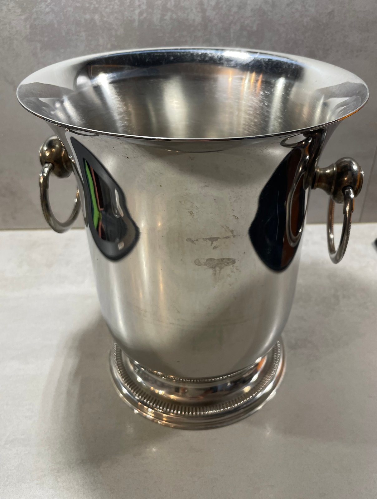 Vintage Jean Couzon French stainless steel champagne cooler with ring handles