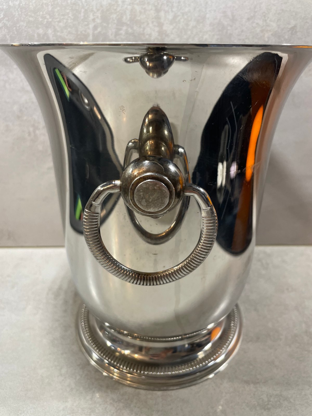 Vintage Jean Couzon French stainless steel champagne cooler with ring handles