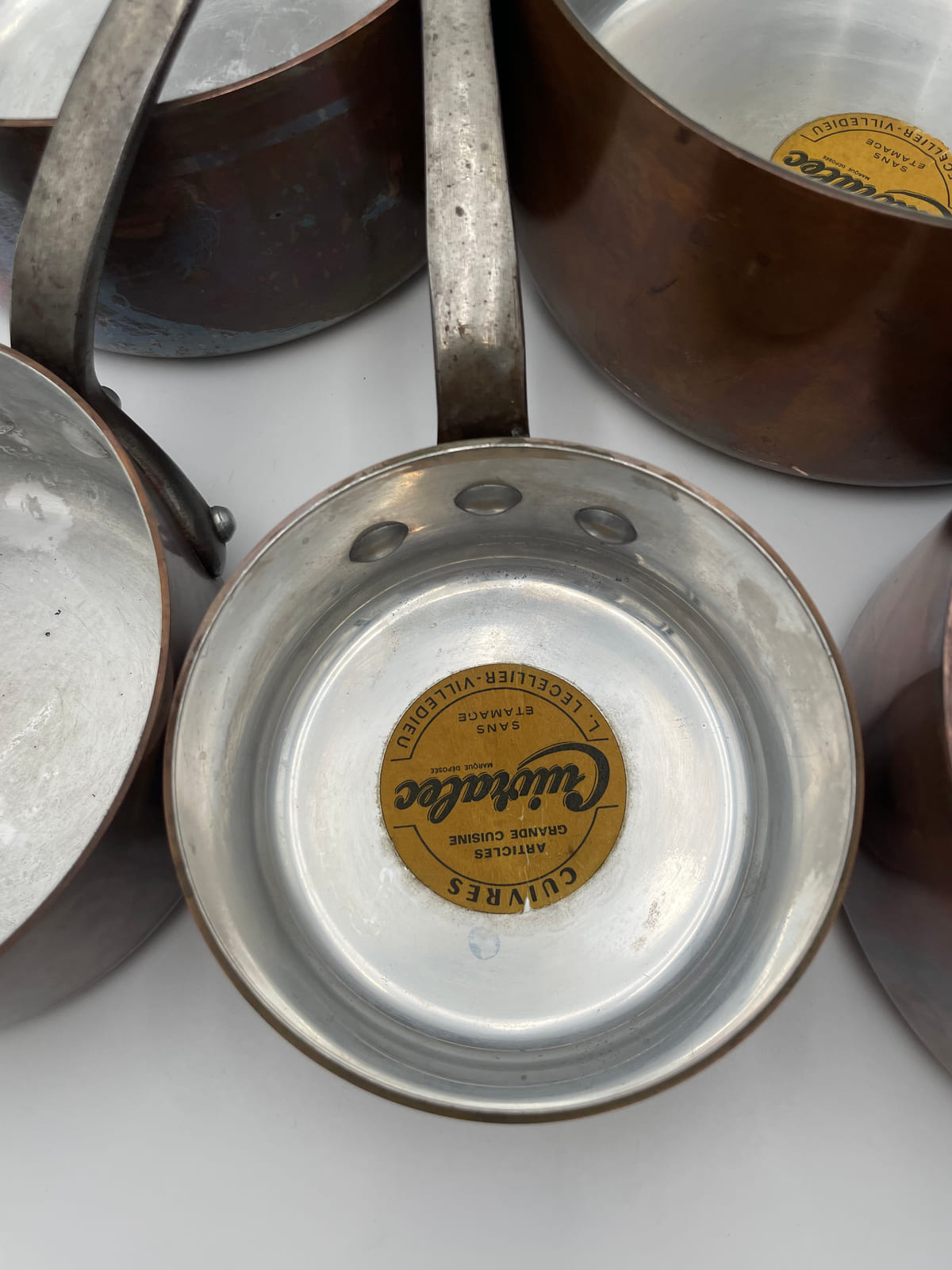 Original Cuivralec paper label preserved inside an L. Lecellier copper saucepan