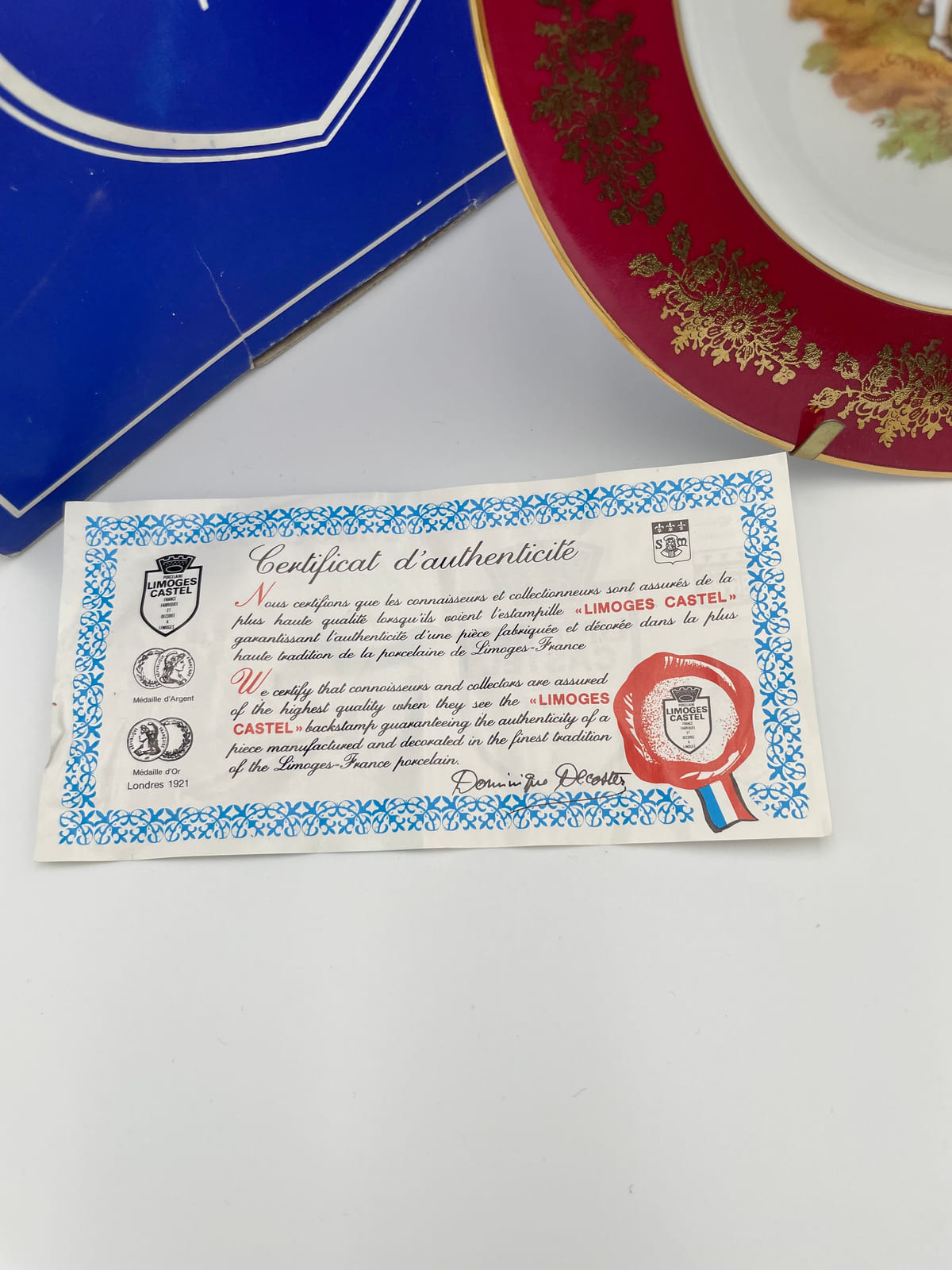 Original Limoges Castel certificate of authenticity accompanying a porcelain decorative plate