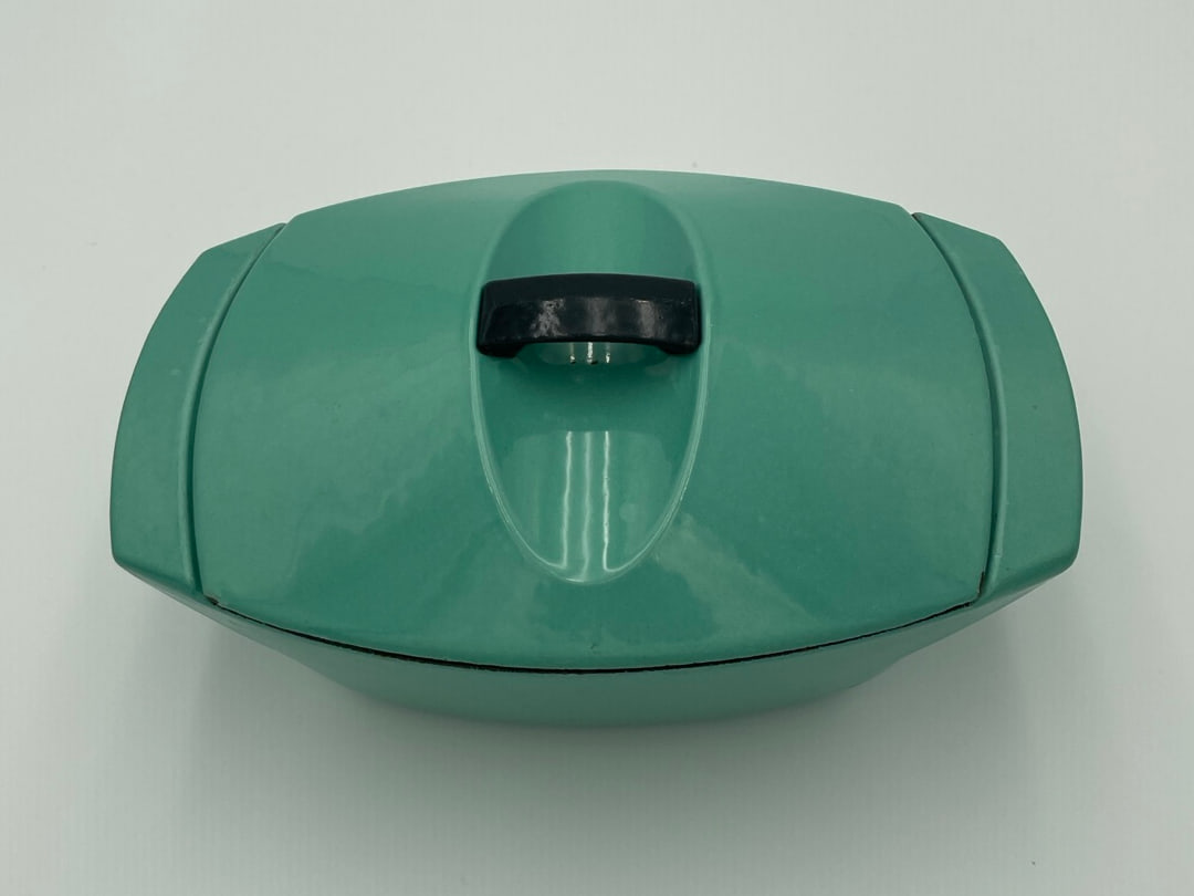 Vintage Le Creuset Coquelle designed by Raymond Loewy in turquoise enamel