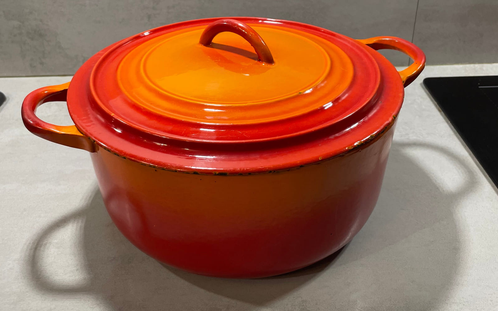 Early vintage Le Creuset round cocotte in Volcanique enamel from the Cook & Collect archive