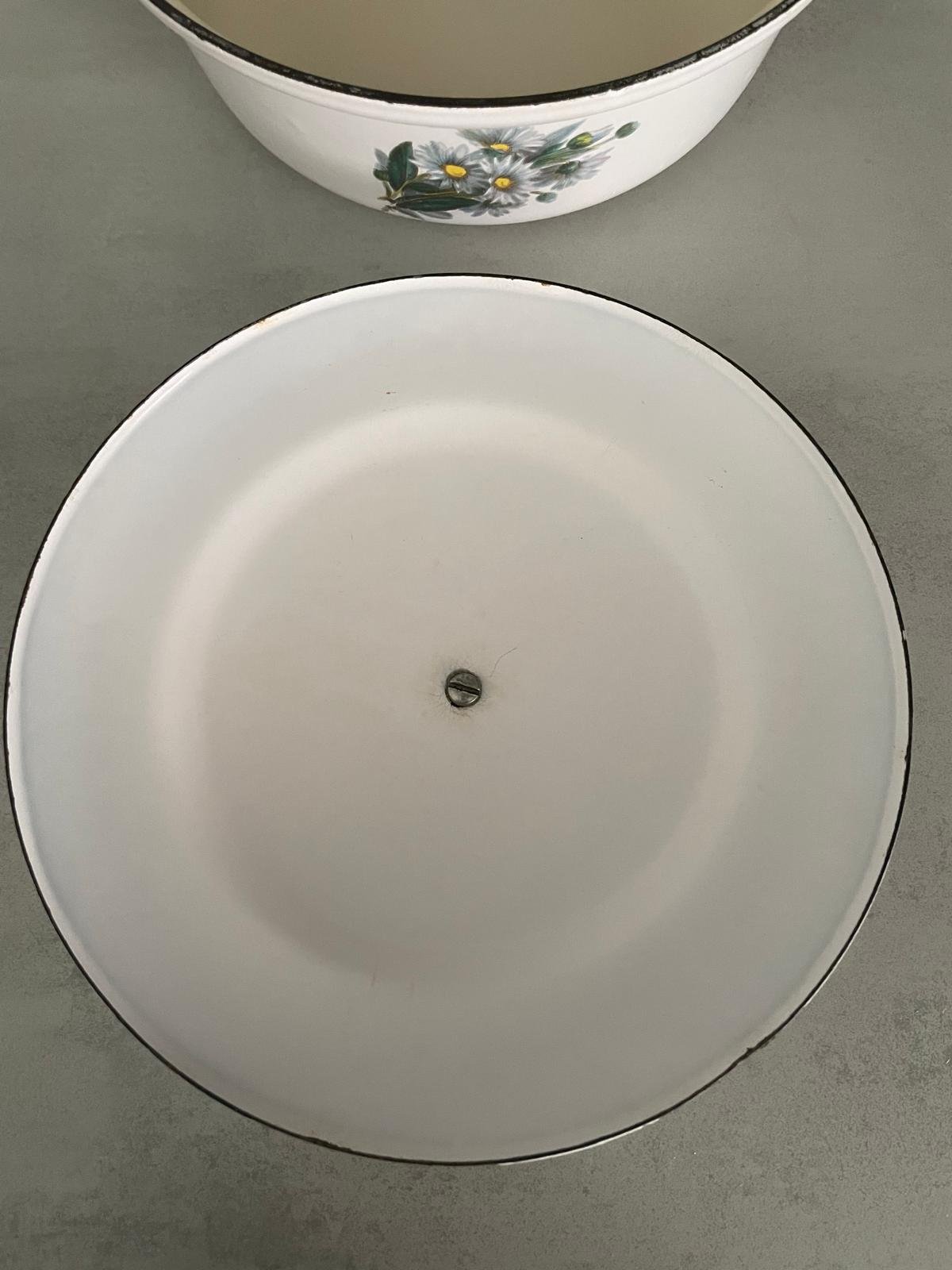 Rare Vintage Le Creuset White Enamel Cast Iron Cocotte with Floral Pattern — photo 13