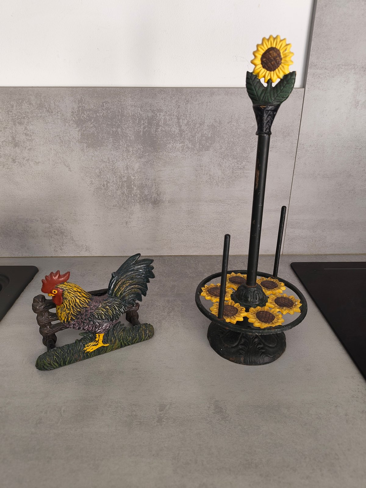 Vintage French Cast Iron Kitchen Set – Rooster Paper Towel Holder & Sunflower Mug Tree
