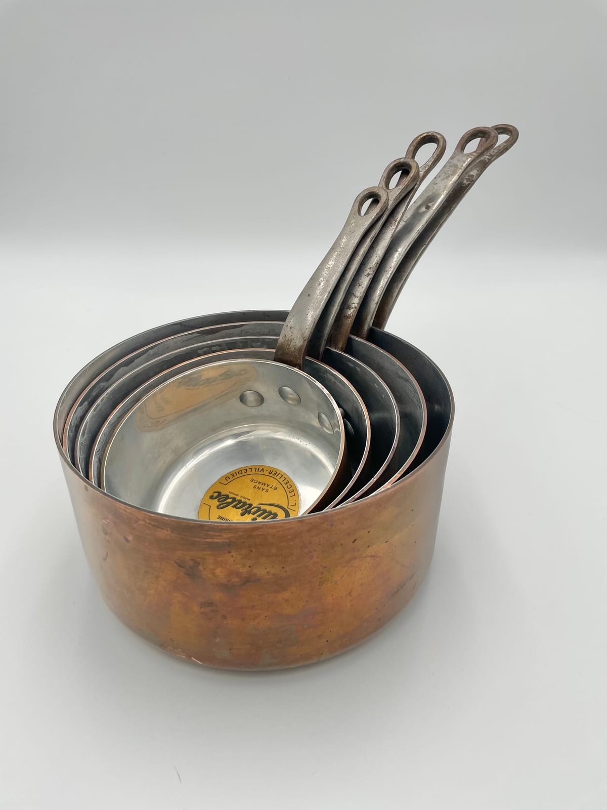 Graduated Set of Five L. Lecellier "Cuivralec" Copper Saucepans, 12–20 cm, Villedieu-les-Poêles, France — 2