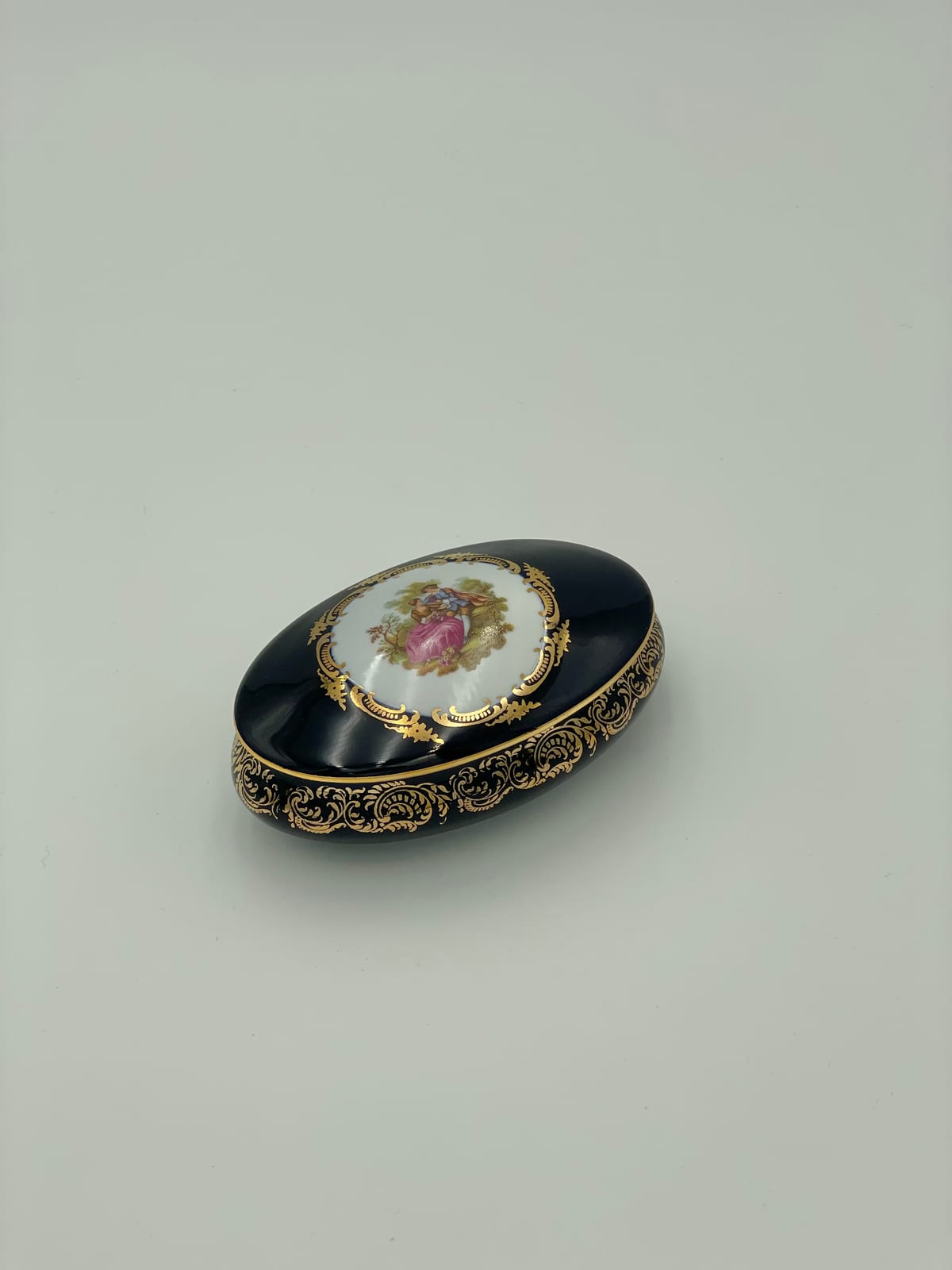 Limoges Castel Cobalt Blue and Gilt Porcelain Oval Box, with Original Box, France — 2