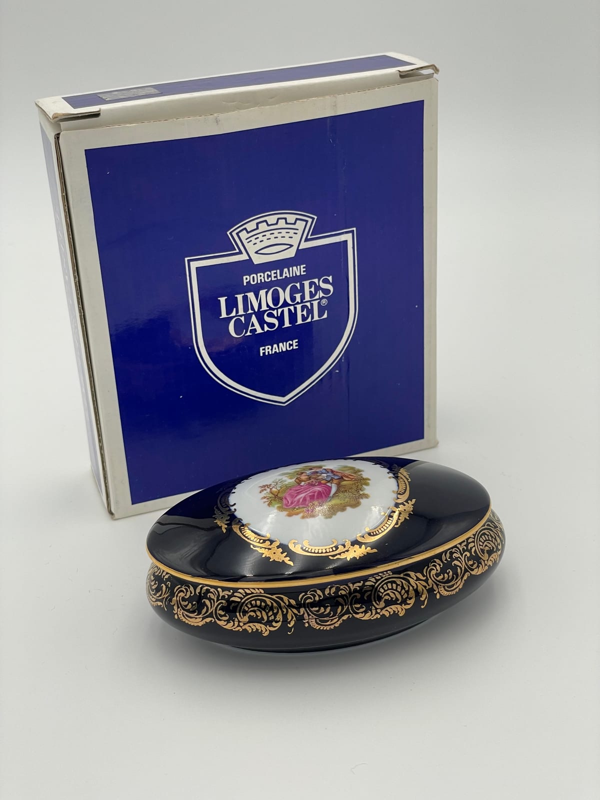Limoges Castel Cobalt Blue and Gilt Porcelain Oval Box, with Original Box, France — 10