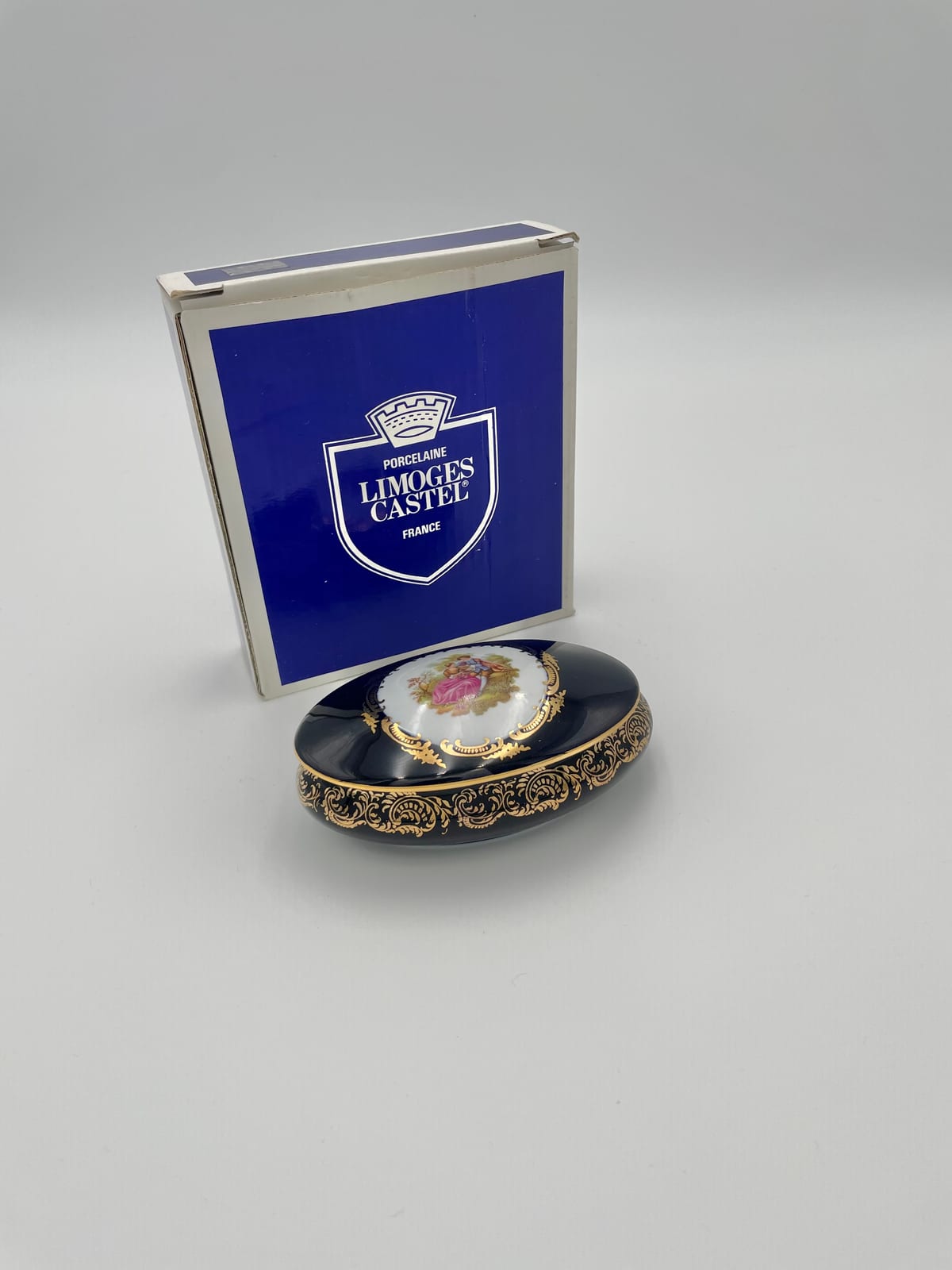 Limoges Castel Cobalt Blue and Gilt Porcelain Oval Box, with Original Box, France — 11