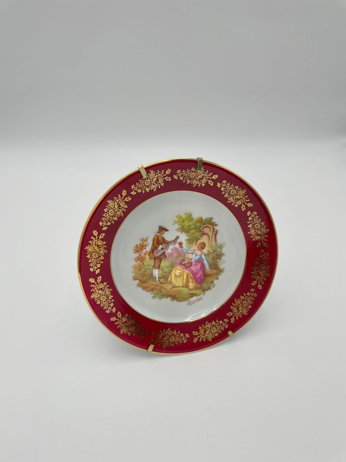 Limoges Castel Red and Gilt Porcelain Plate, Galant Scene, with Original Box and Certificate, France — 2