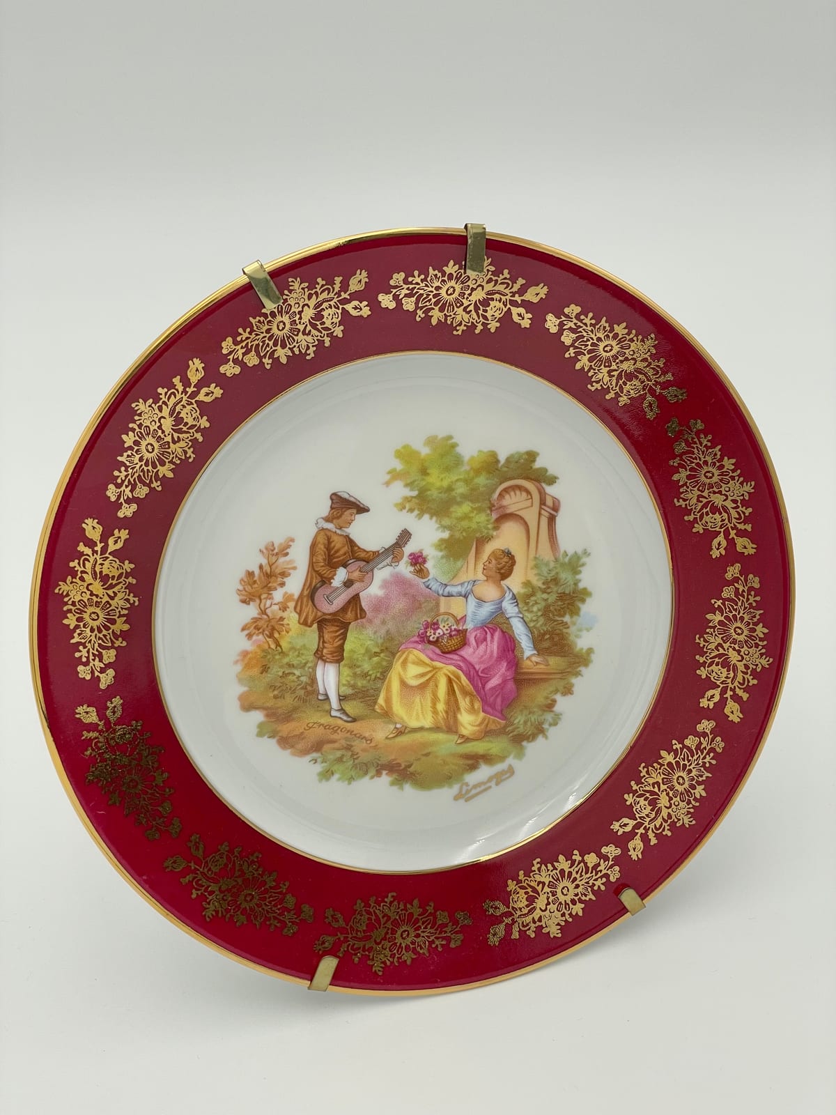 Limoges Castel Red and Gilt Porcelain Plate, Galant Scene, with Original Box and Certificate, France — 3