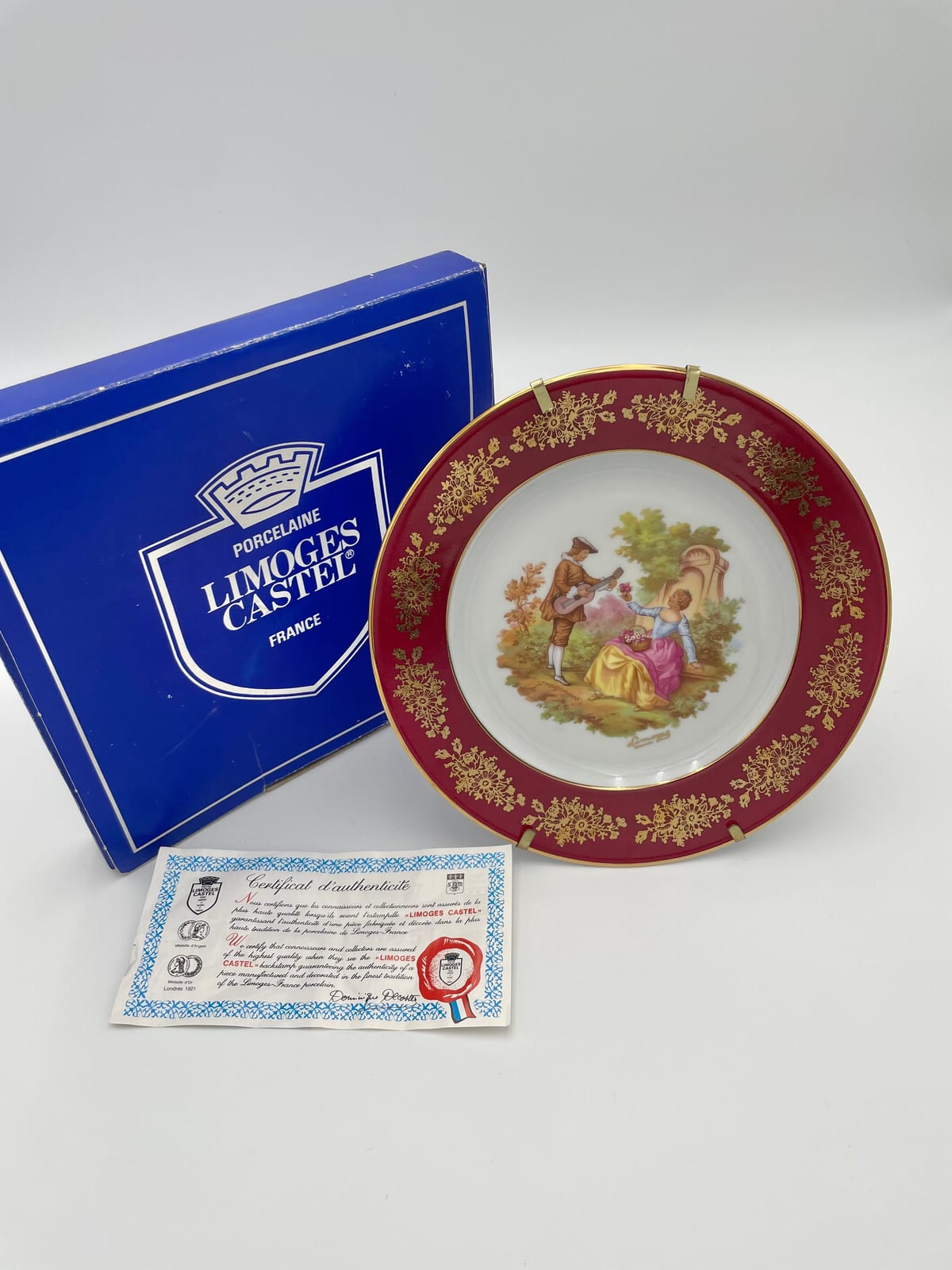 Limoges Castel Red and Gilt Porcelain Plate, Galant Scene, with Original Box and Certificate, France — 6