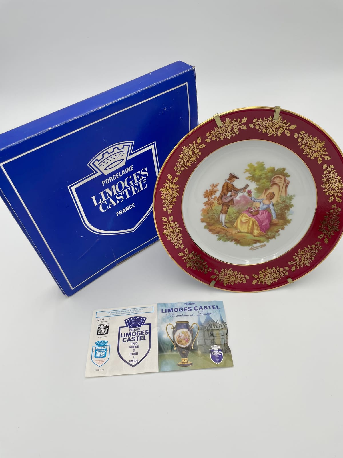 Limoges Castel Red and Gilt Porcelain Plate, Galant Scene, with Original Box and Certificate, France — 8