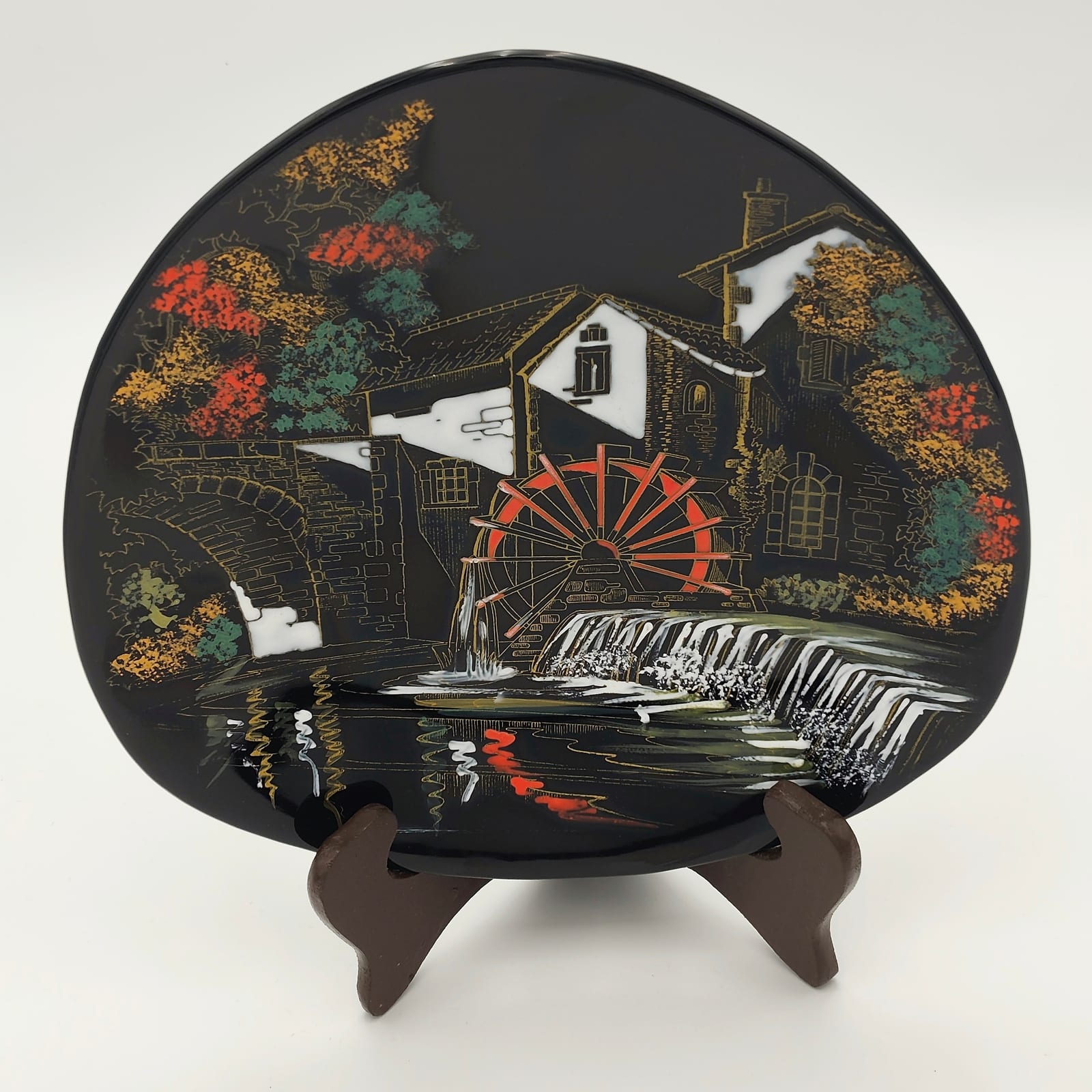 Pair of Longwy Hand-Painted Faience Dishes, Skier and Watermill, Black Ground, France — 5
