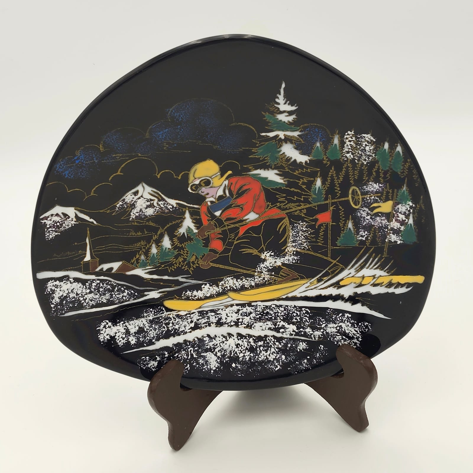 Pair of Longwy Hand-Painted Faience Dishes, Skier and Watermill, Black Ground, France — 6