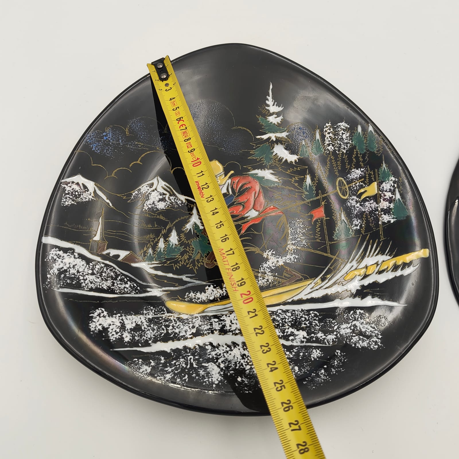 Pair of Longwy Hand-Painted Faience Dishes, Skier and Watermill, Black Ground, France — 12