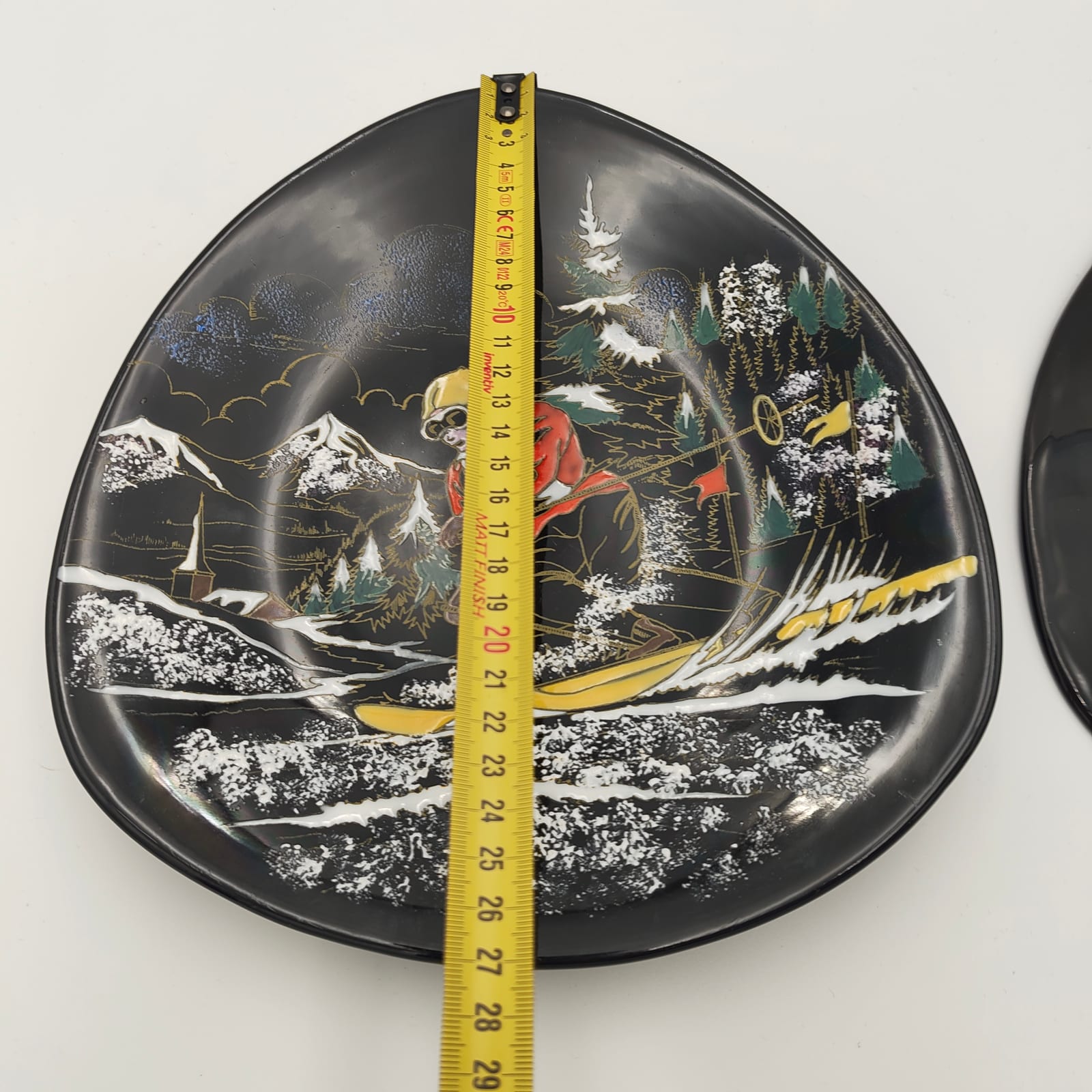 Pair of Longwy Hand-Painted Faience Dishes, Skier and Watermill, Black Ground, France — 13