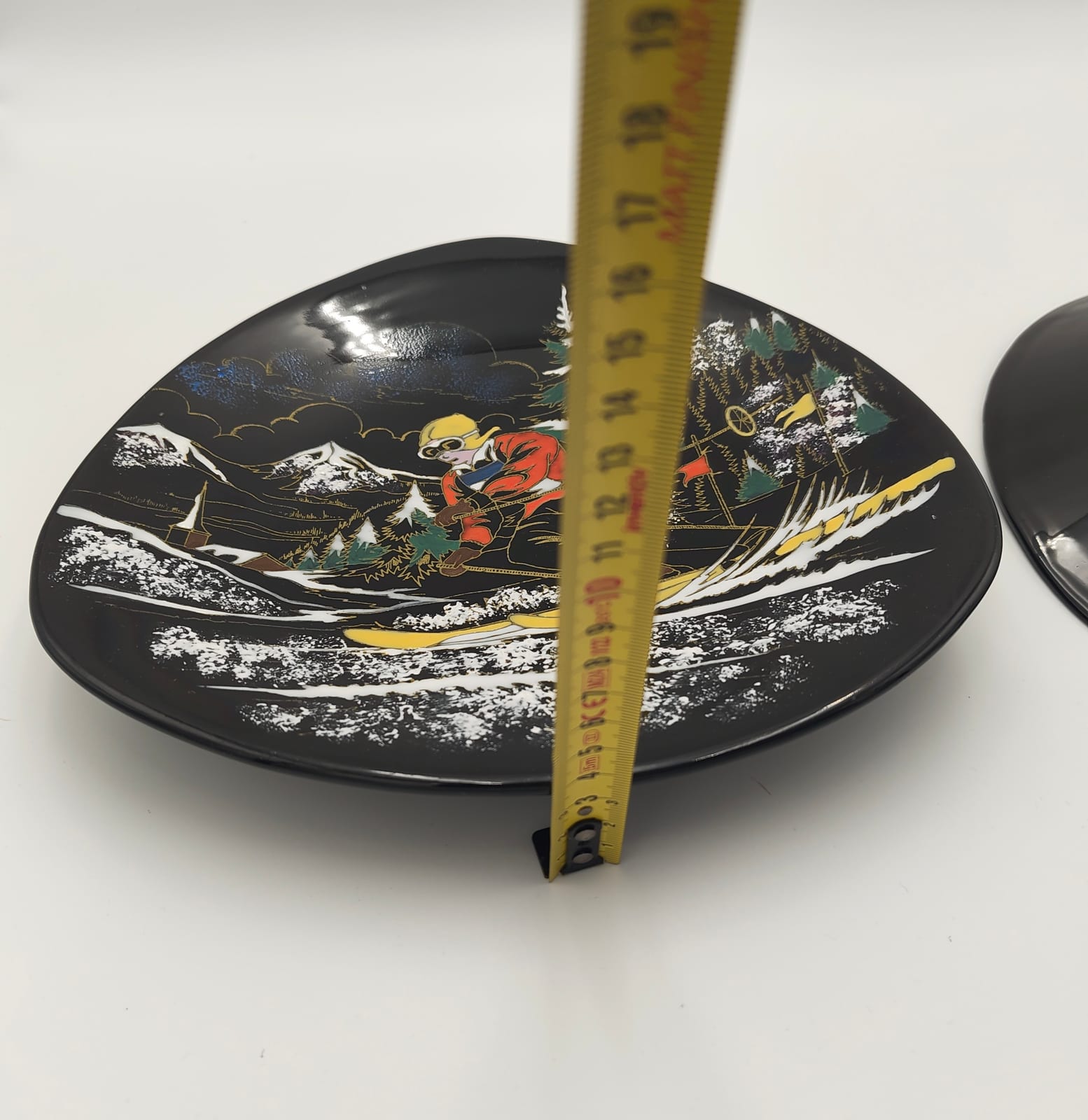 Pair of Longwy Hand-Painted Faience Dishes, Skier and Watermill, Black Ground, France — 14